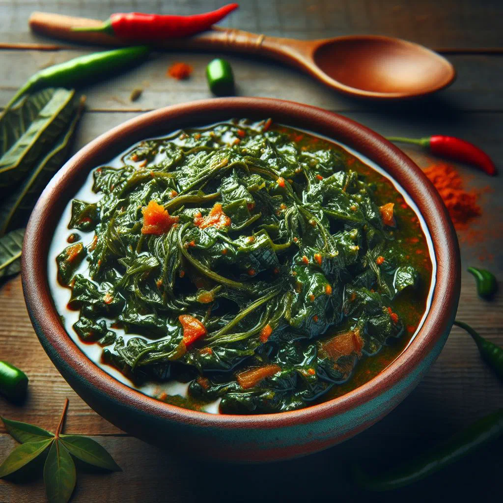 Malian cassava leaf sauce with meat, served with rice