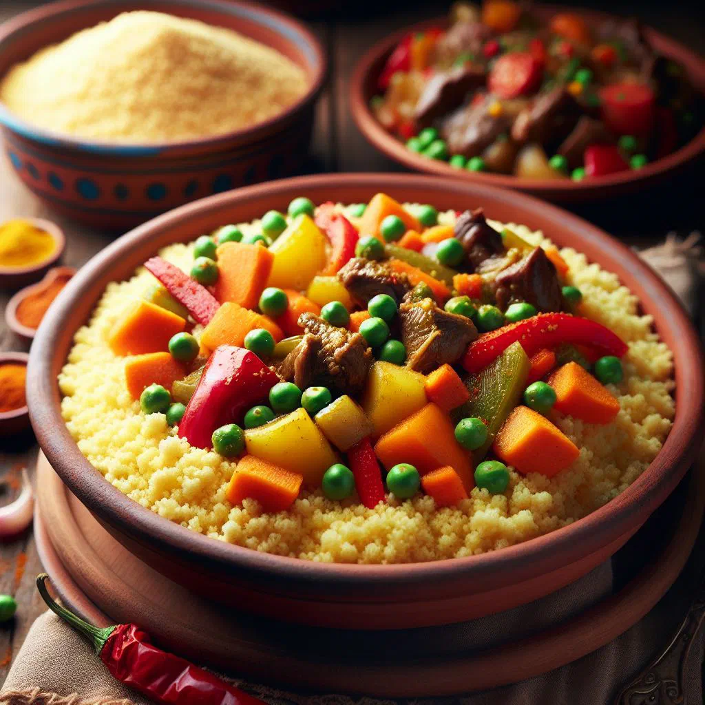 Malian couscous with colourful sautéed vegetables and fresh herbs