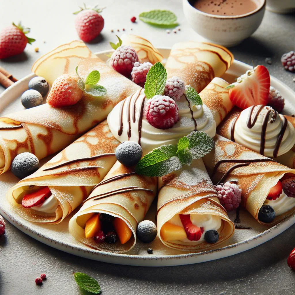 Thin sweet crêpes folded on a plate with fresh fruit and chocolate