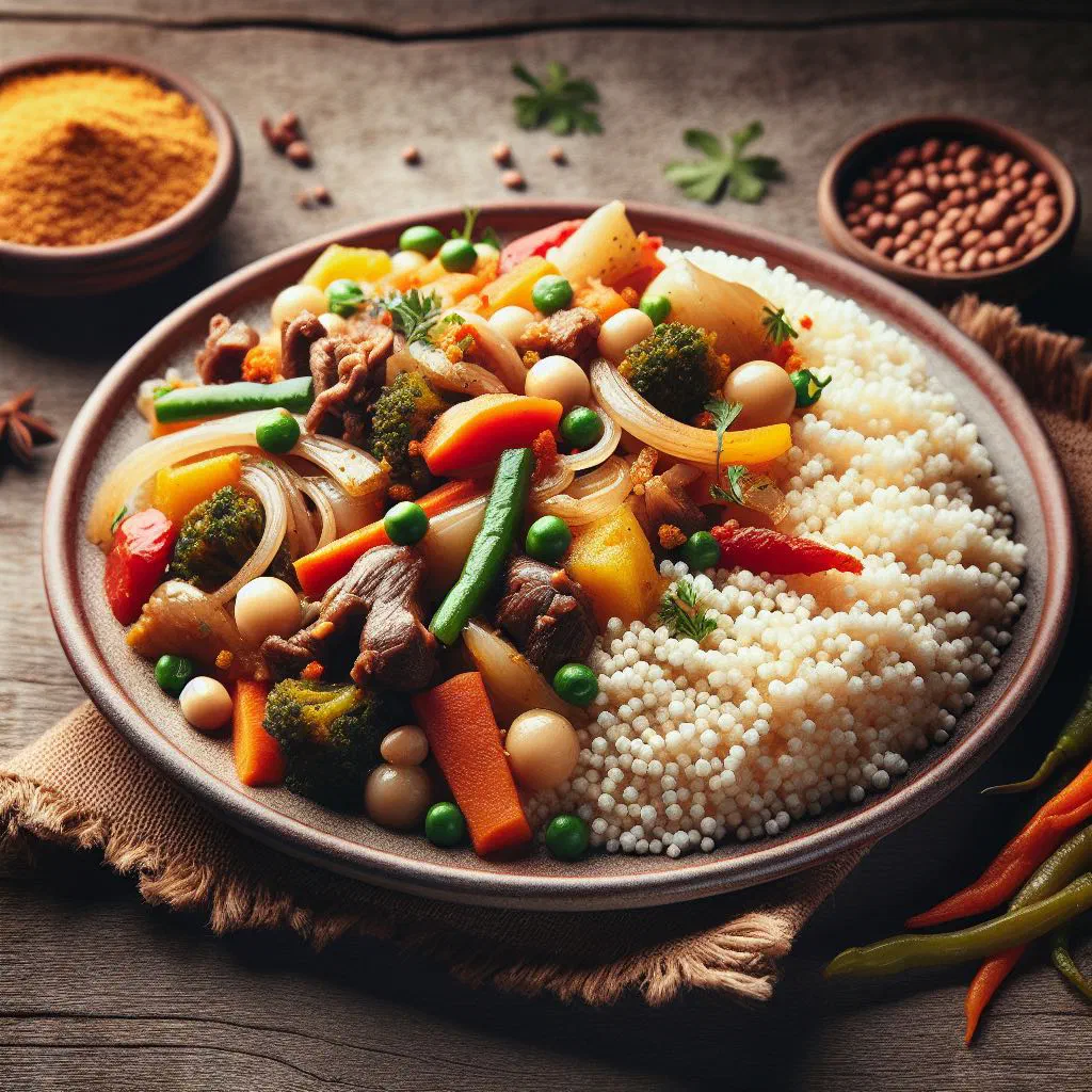 Fluffy fonio couscous with diced vegetables and fresh herbs