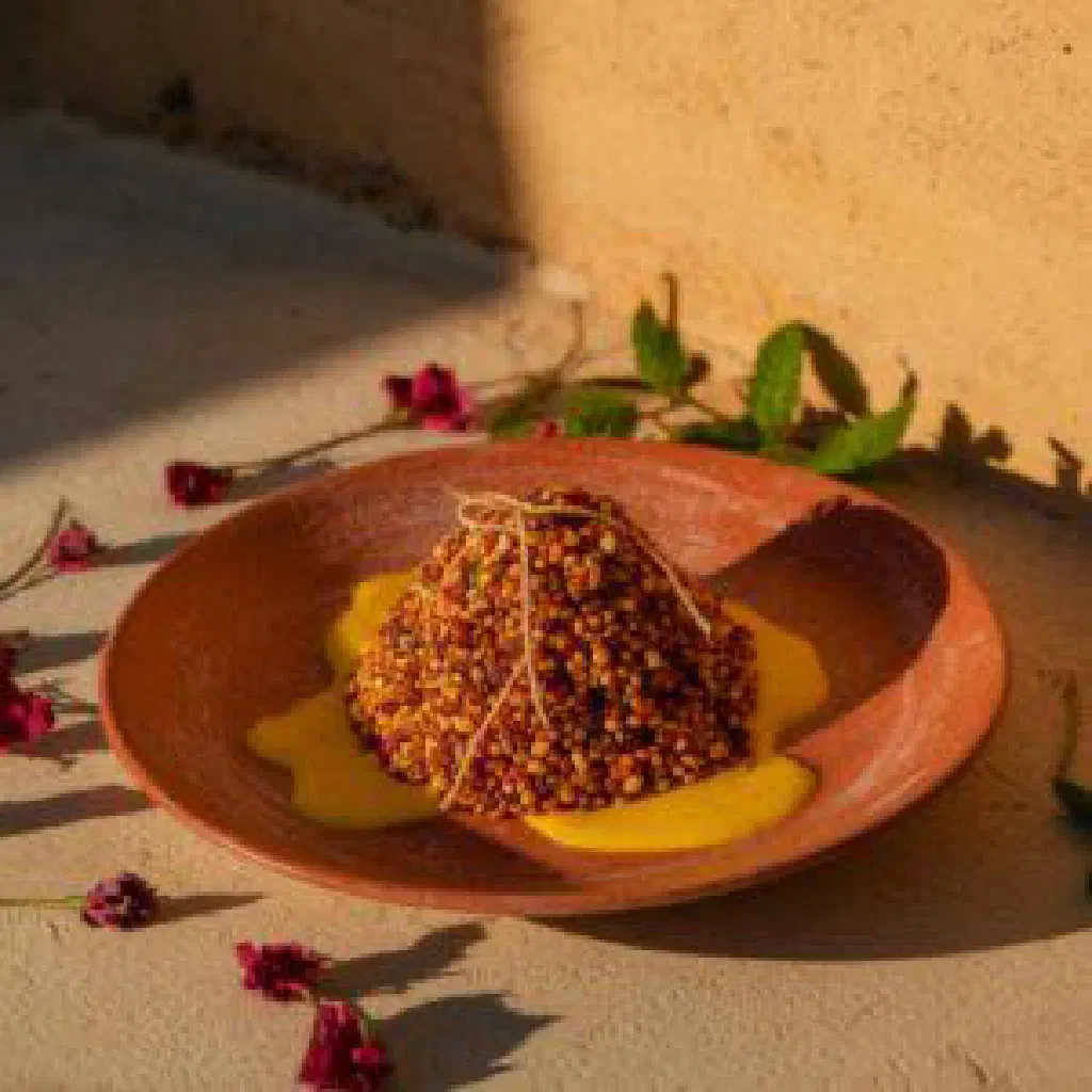 Bowl of fluffy cooked fonio grain garnished with fresh herbs