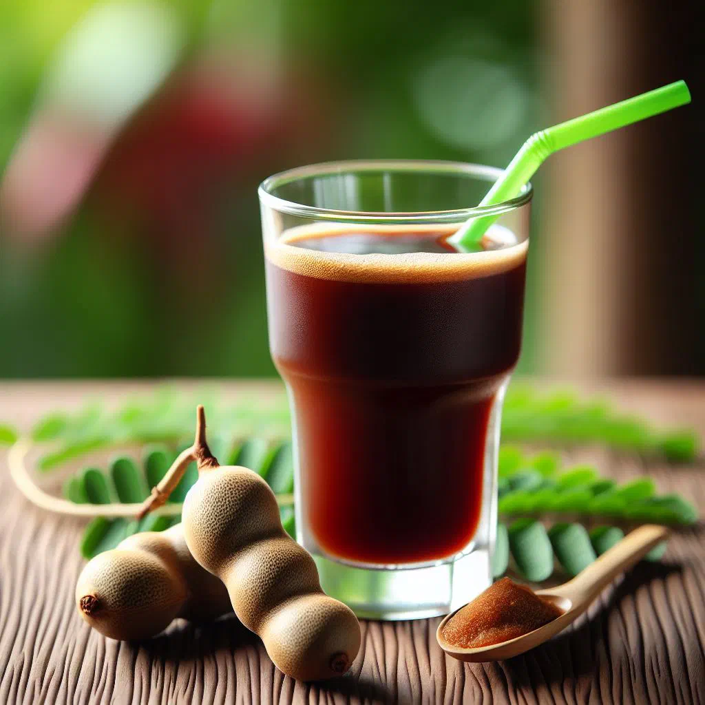 Chilled tamarind juice in a glass with mint and lemon slices