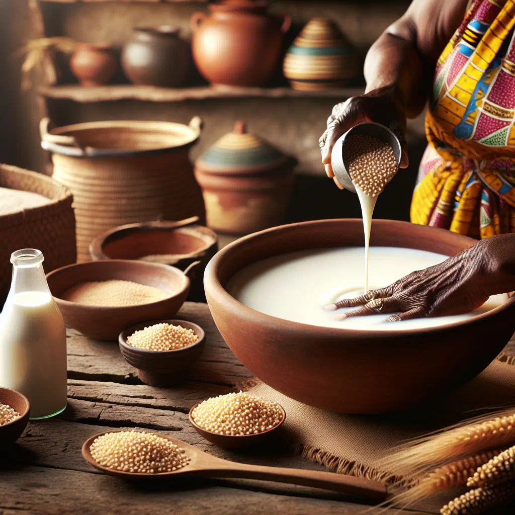 Bowl of creamy millet porridge with fermented milk, drizzled with honey