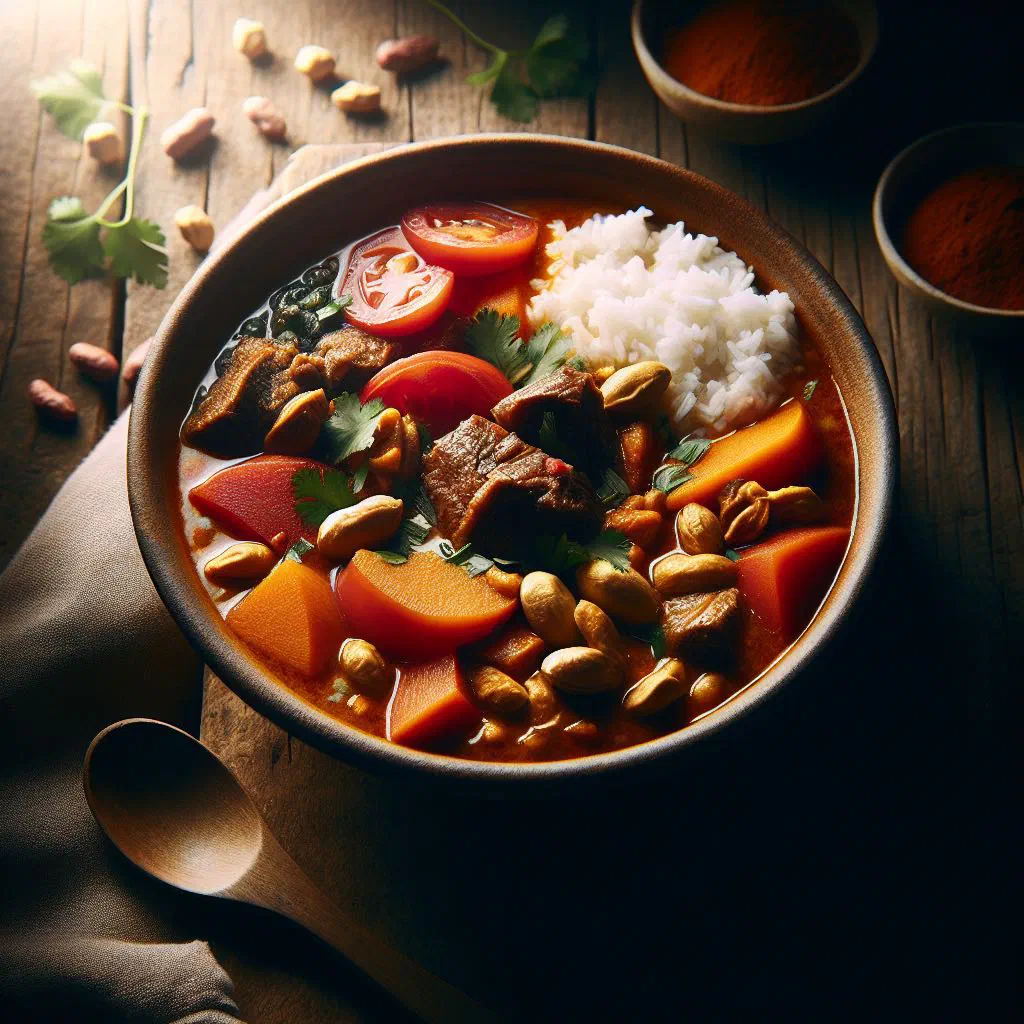 Bowl of Malian maafe peanut stew with chicken and vegetables