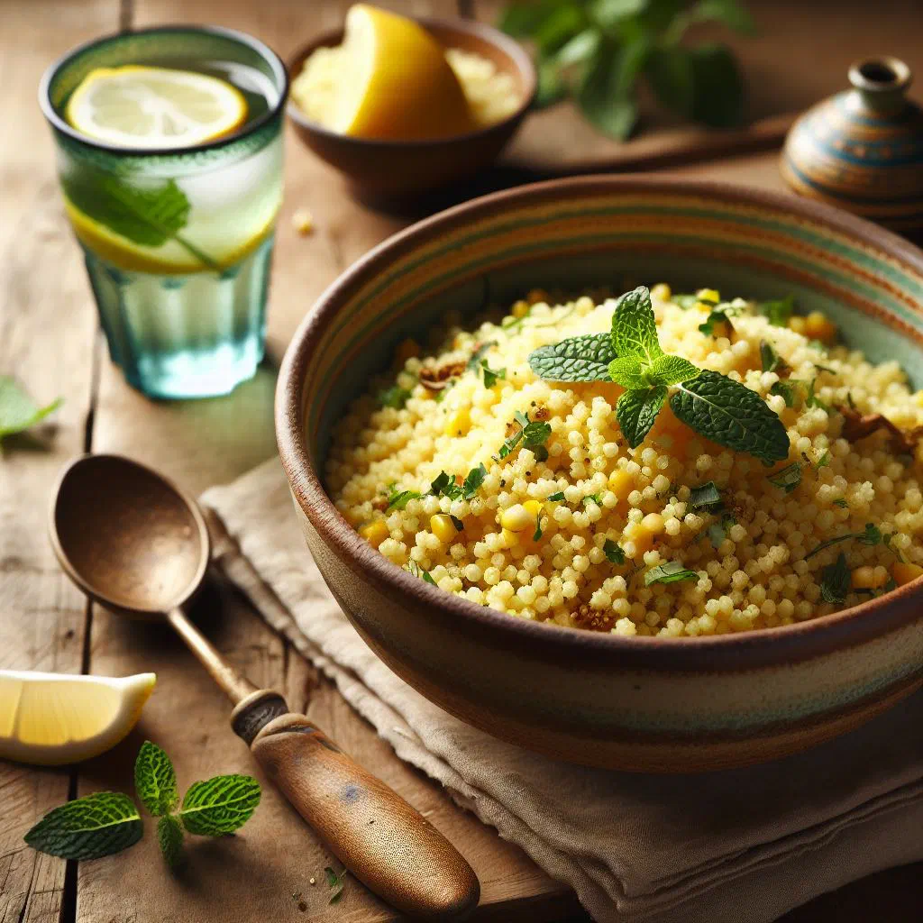 Bowl of Malian maize couscous with carrots, peppers and fresh herbs