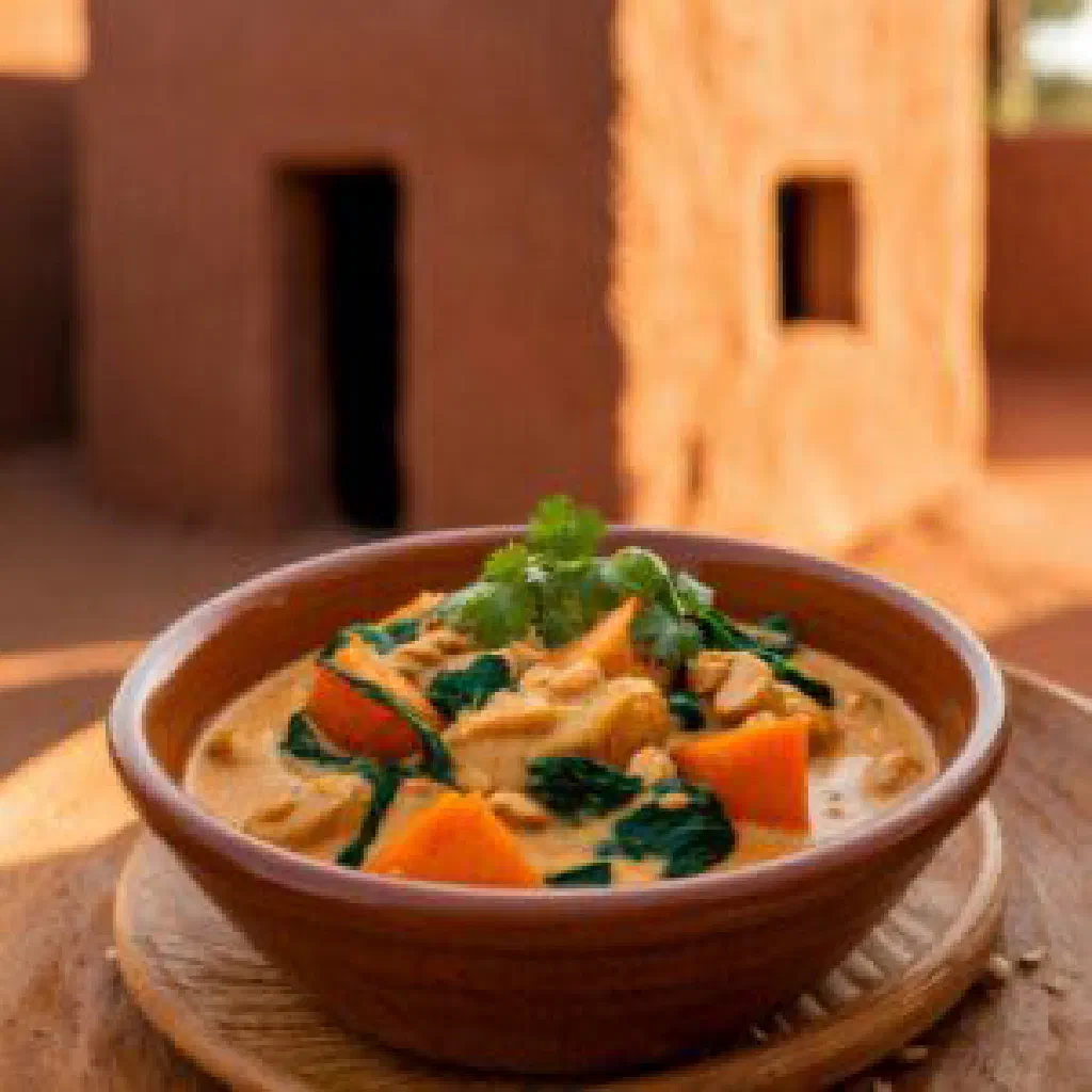 Malian peanut stew in a bowl with carrots, herbs and rice