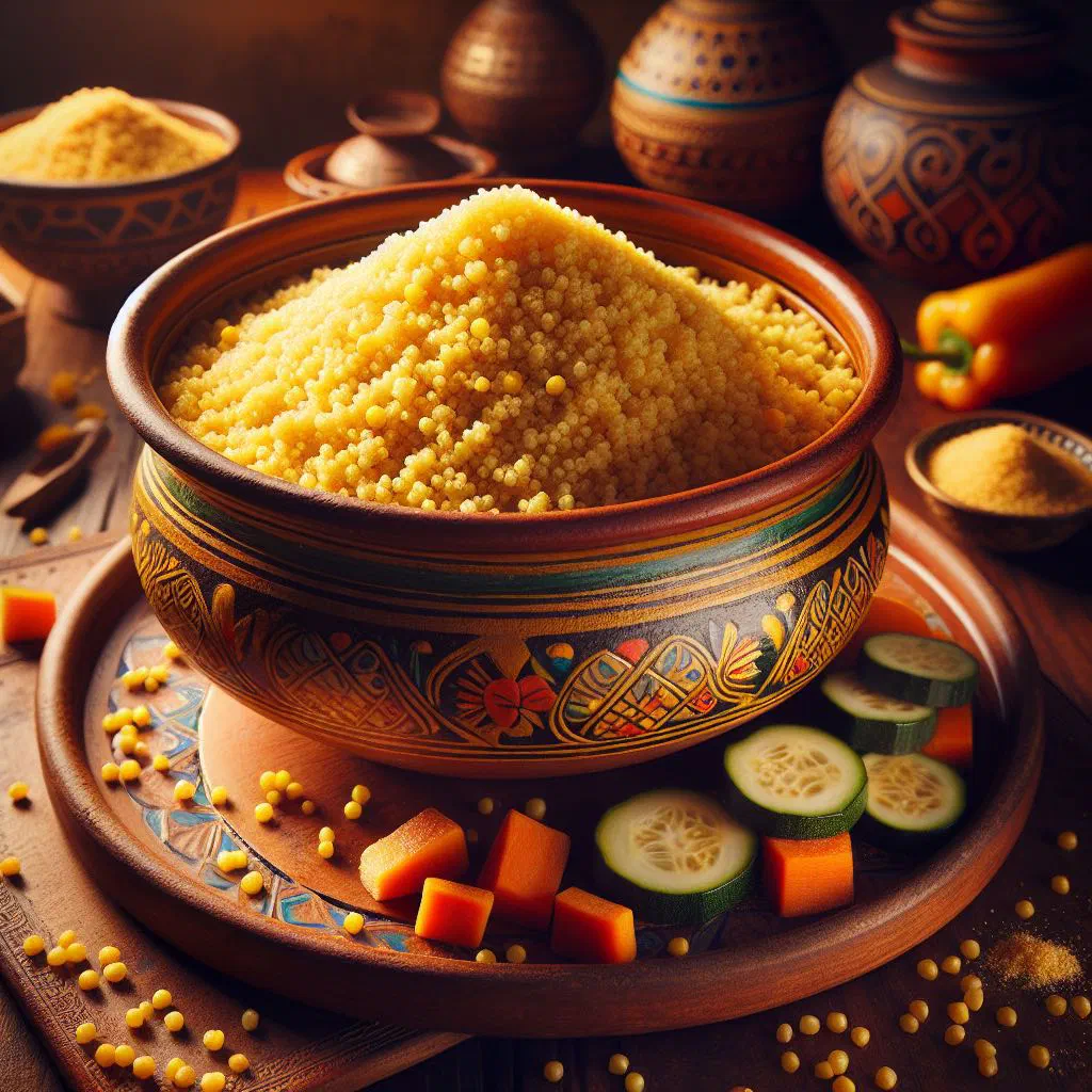 Steamed millet couscous with colourful sautéed vegetables in a bowl