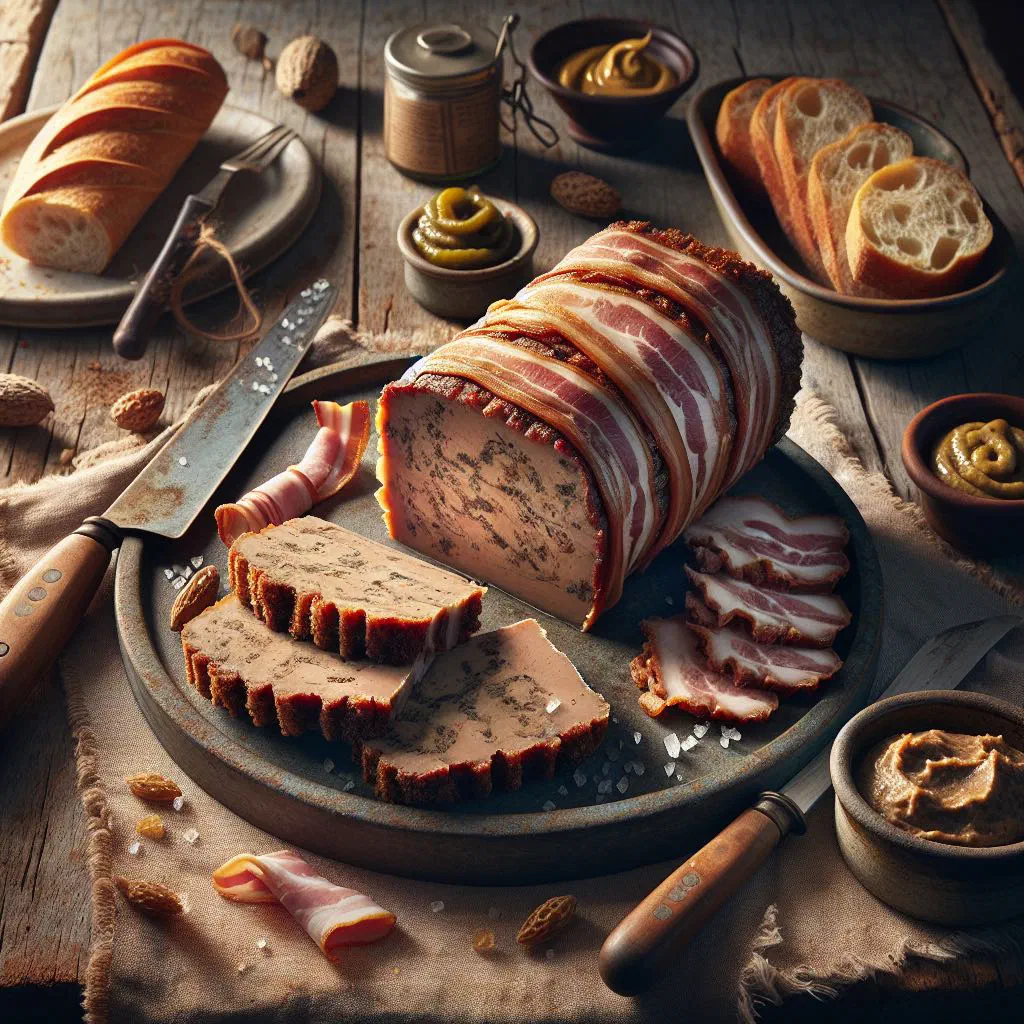 Sliced country pâté terrine on a wooden board with bread and pickles