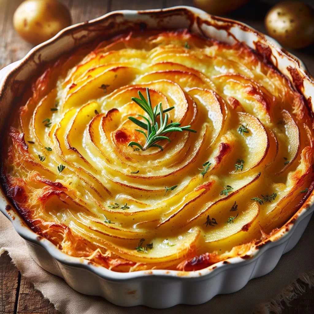 Golden baked potato gratin with layers of sliced potatoes and onions