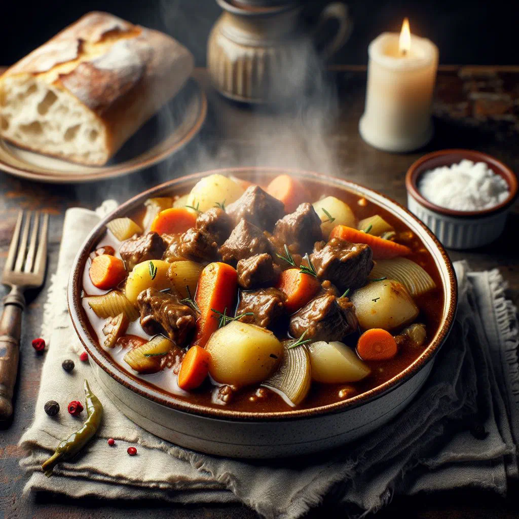 Malian mutton stew with carrots and tomatoes, garnished with fresh coriander