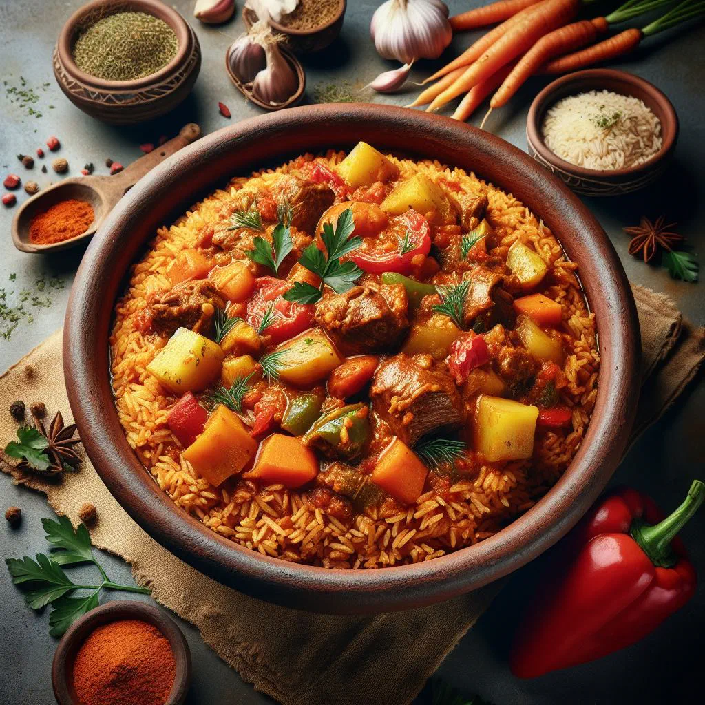 Bowl of Malian riz gras with rice, vegetables and tender meat