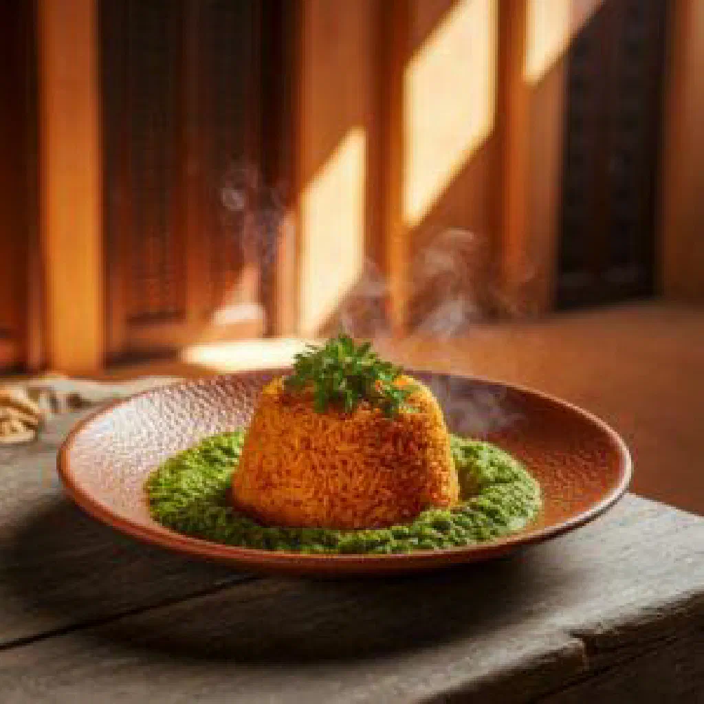 Steamed rice topped with a rich green leafy vegetable sauce