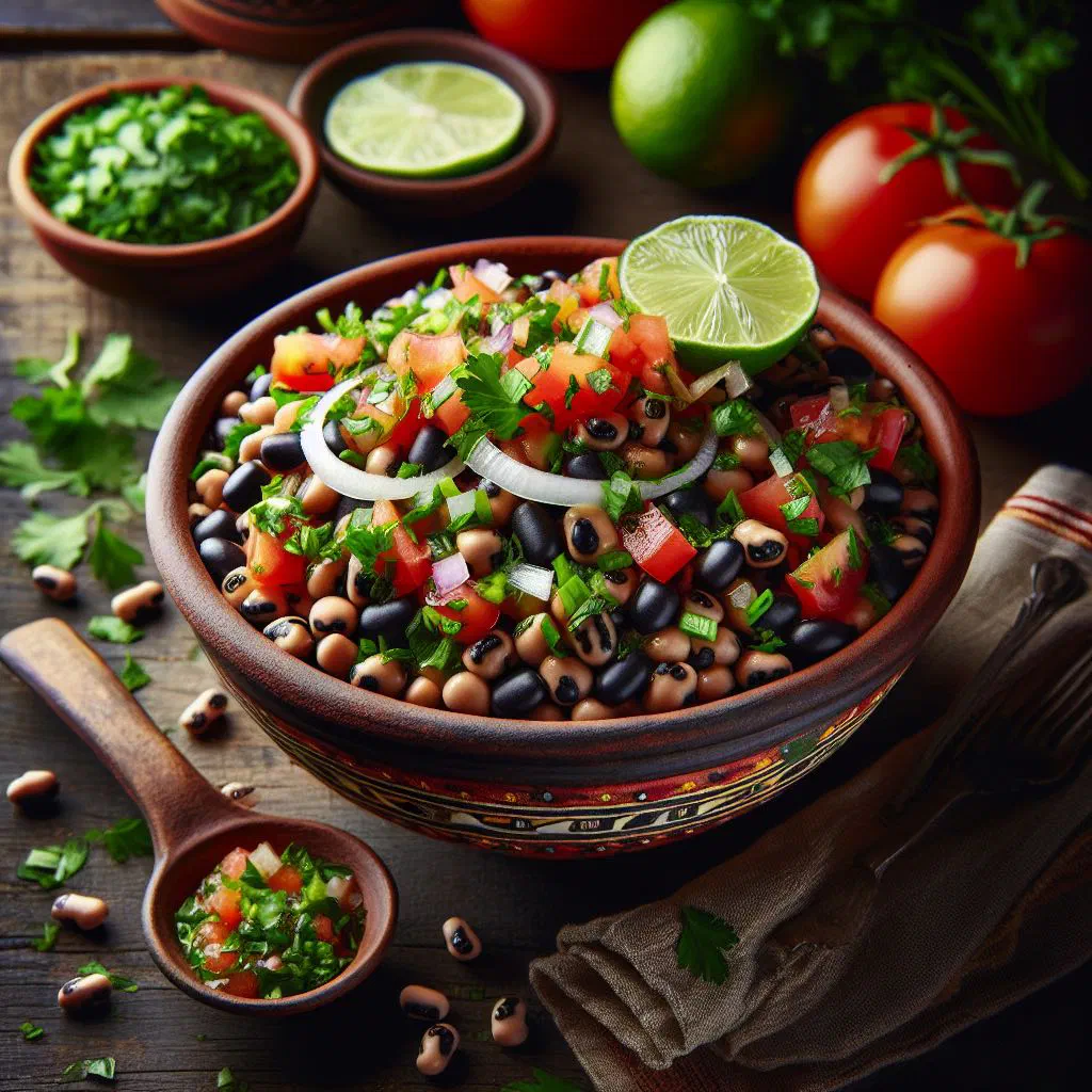 Bowl of Malian black-eyed pea salad with tomato, onion and fresh herbs