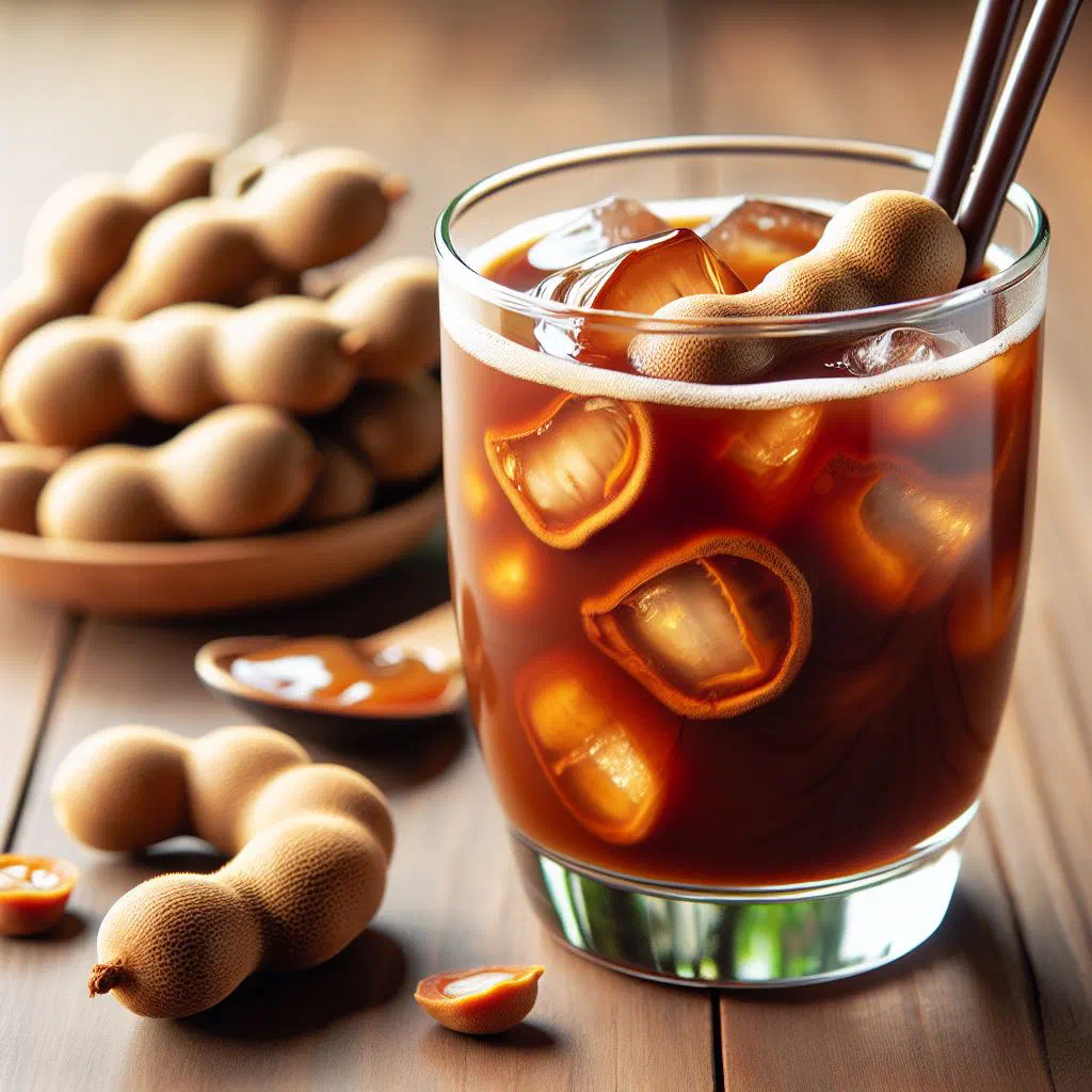 A tall glass of chilled tamarind juice with ice cubes