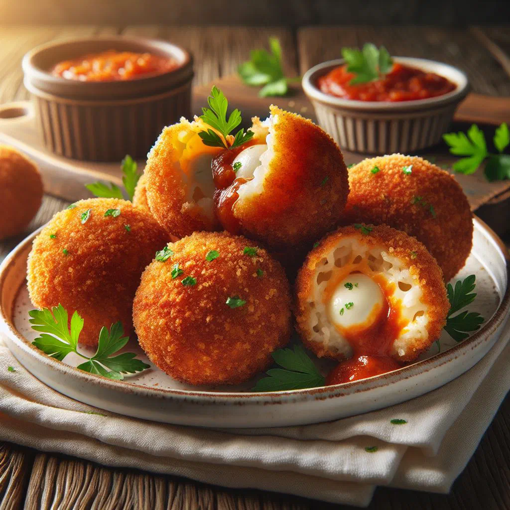Golden fried arancini rice balls with a molten mozzarella centre