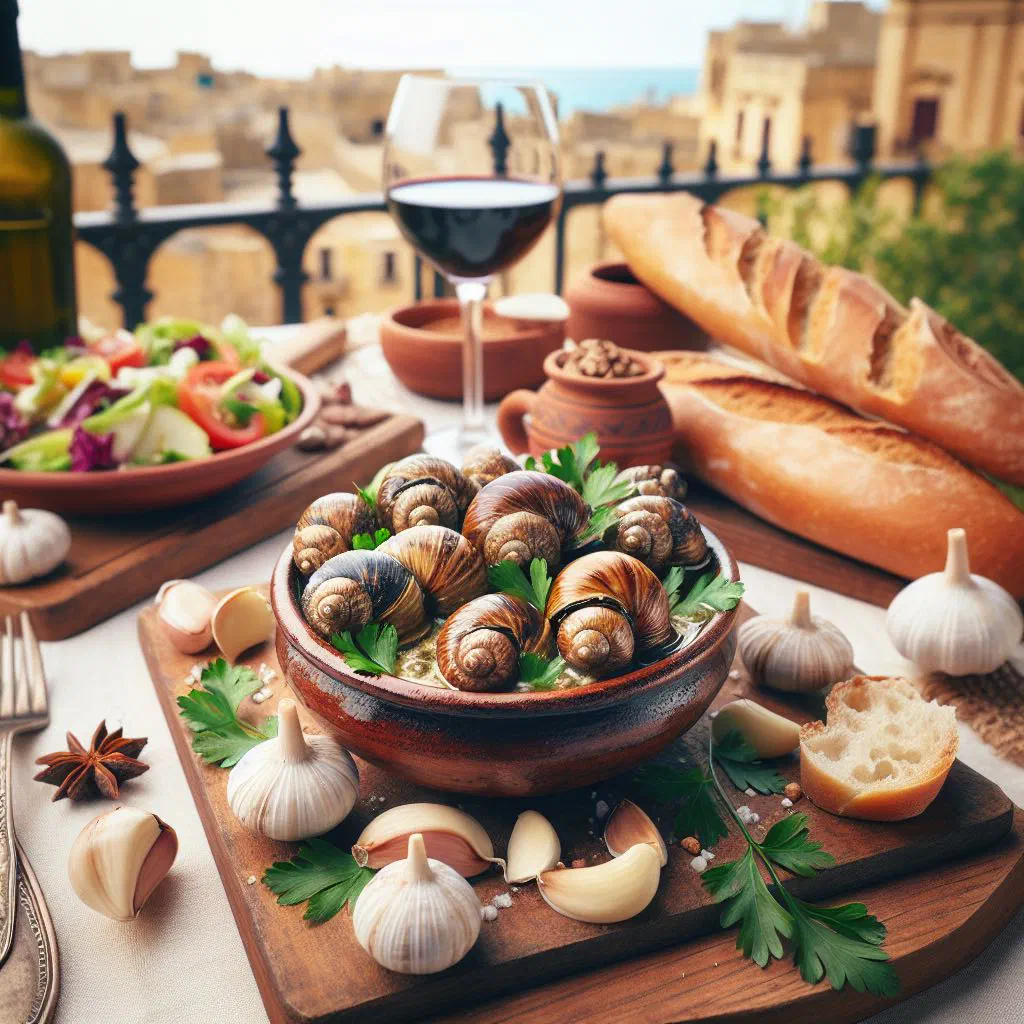 Maltese snails in garlic and herb oil, garnished with parsley and lemon slices