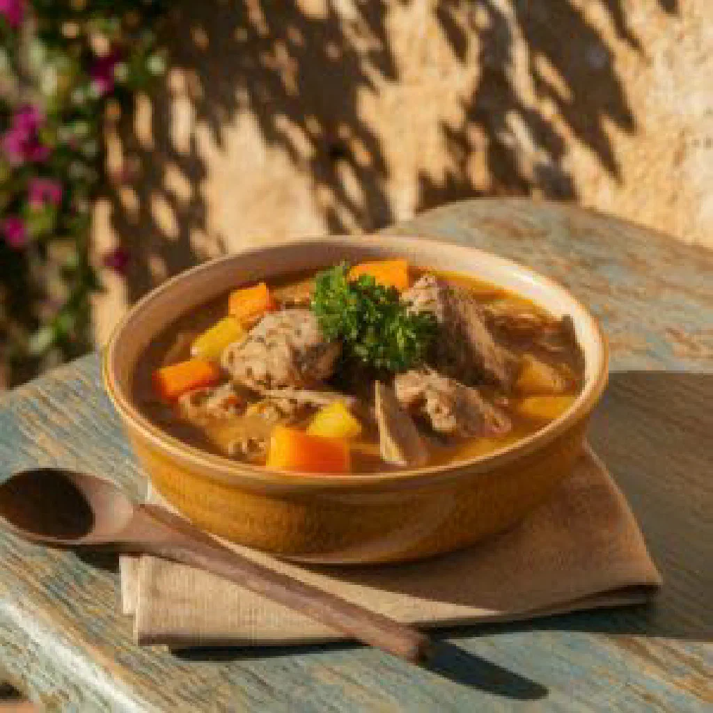 Bowl of Maltese brodu with beef, carrots and potatoes in clear broth