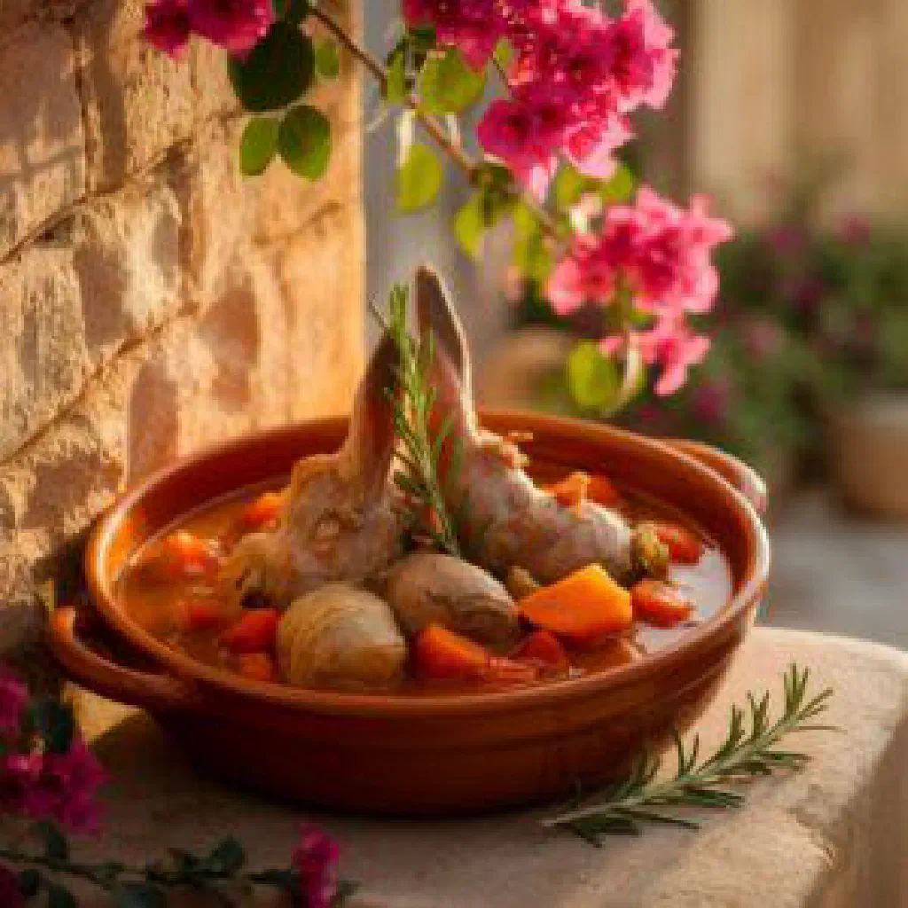Bowl of Maltese brodu with beef, carrots and potatoes in a clear broth