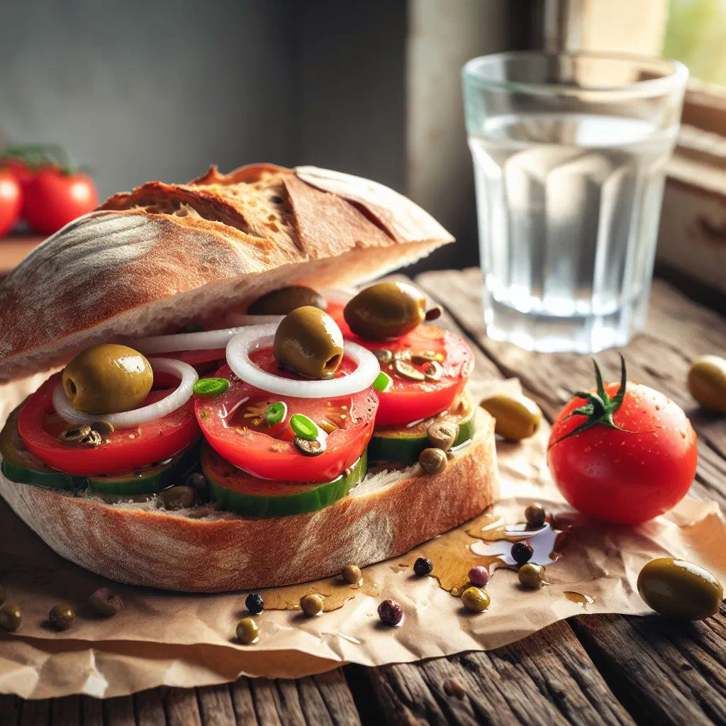 Maltese ftira bread topped with tuna, tomatoes, olives and olive oil