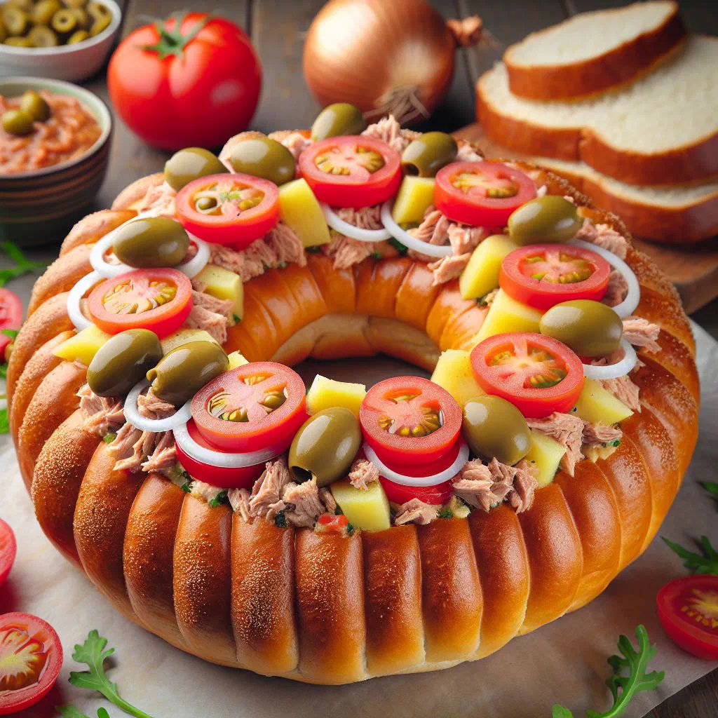 Baked Maltese ftira flatbread topped with fish, tomatoes, onions and olives