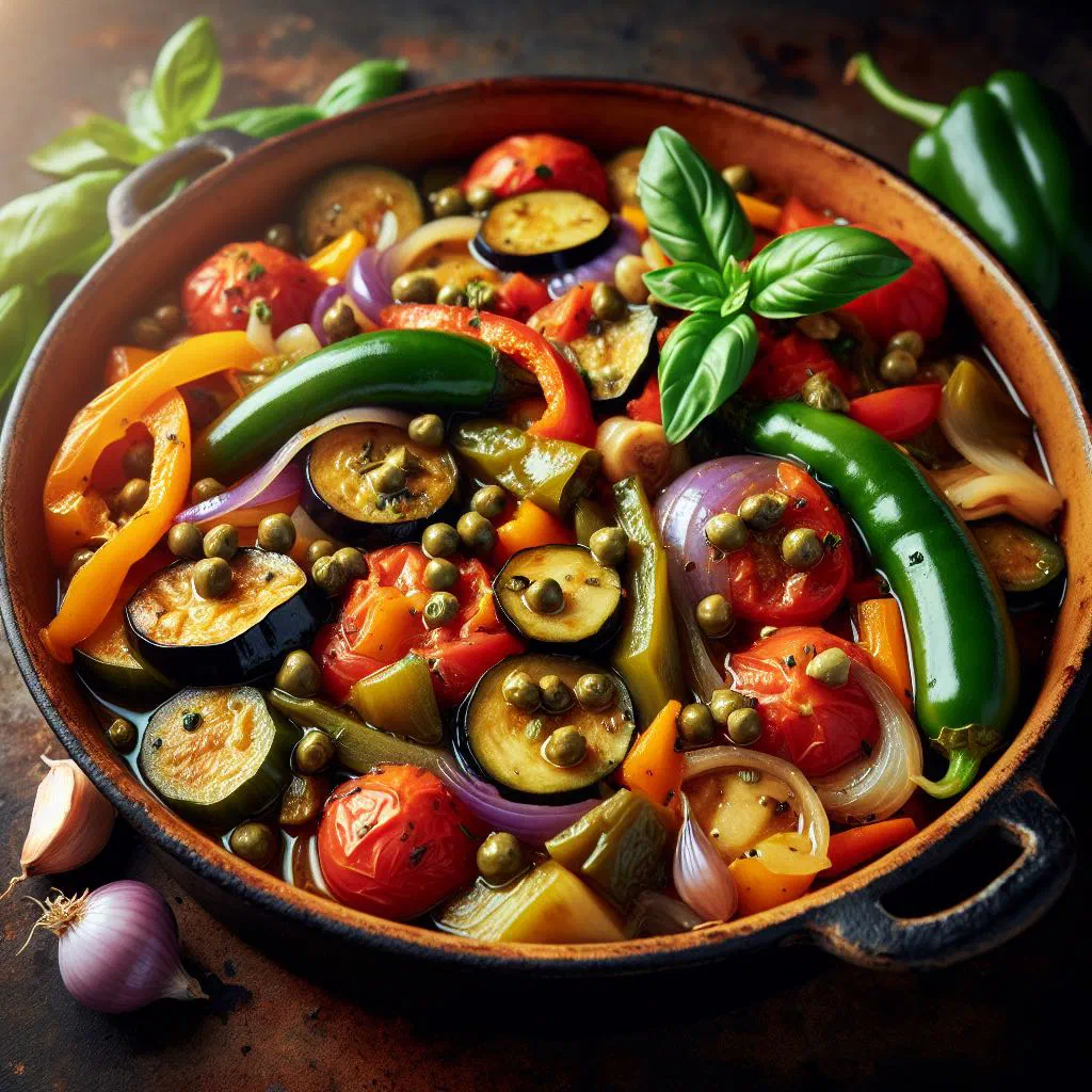 Maltese kapunata of stewed aubergine, peppers and tomatoes in a bowl