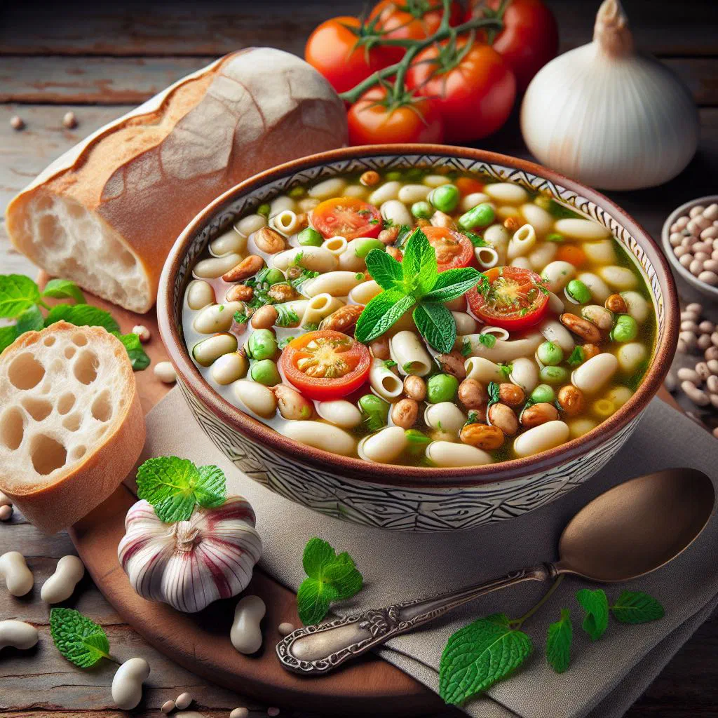 Bowl of Maltese kusksu bil-ful with couscous, beans and fresh parsley