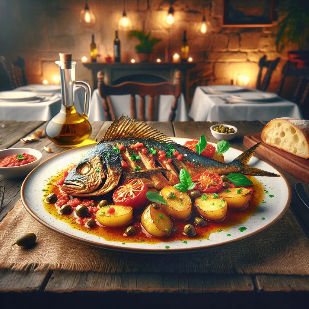 Pan-fried lampuki fillets on a bed of tomatoes, peppers and onions