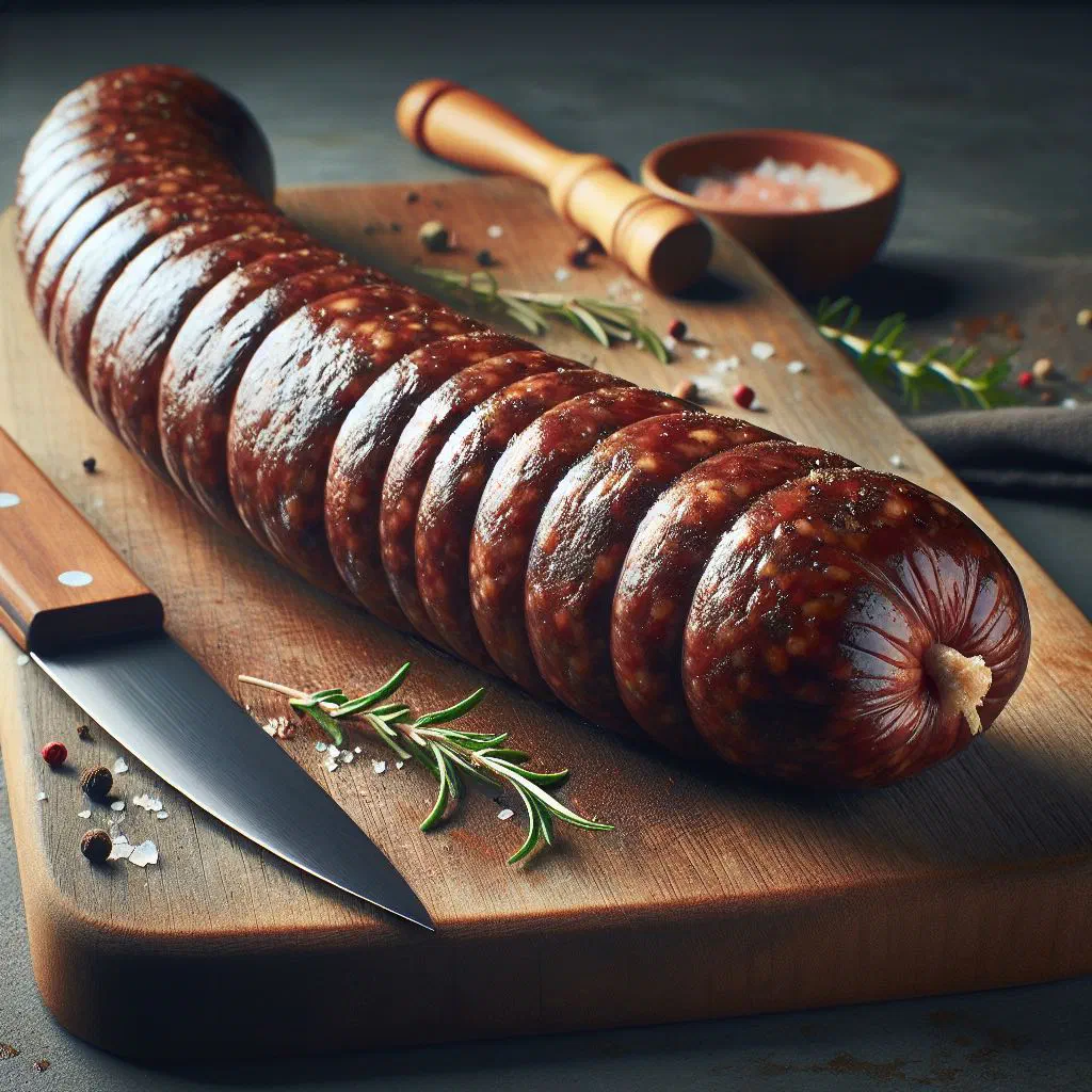 Grilled Maltese sausages on a wooden board with fresh herbs