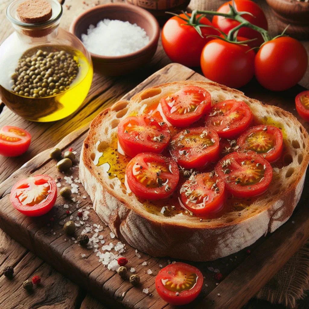 Slices of crusty Maltese bread topped with olive oil, tomatoes, capers and black olives