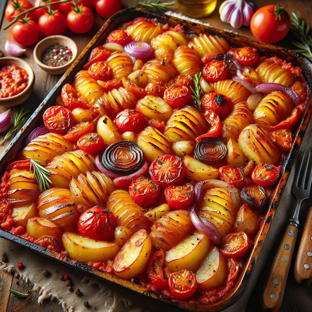 Baked Maltese potatoes with onions and herbs in a rustic dish