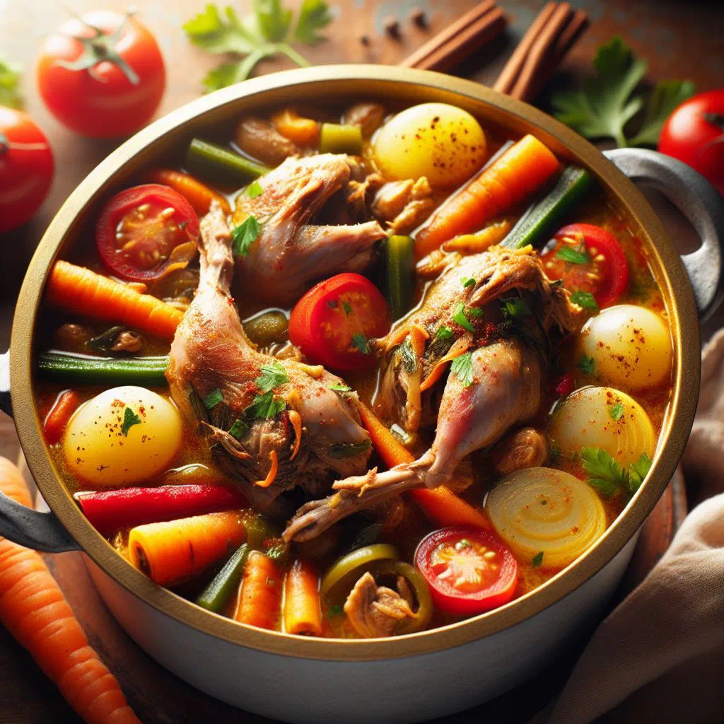 Maltese rabbit stew with carrots and potatoes in a rich tomato sauce