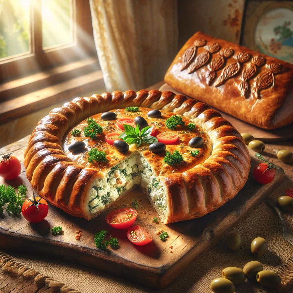 Golden Maltese cheese pie with ricotta filling, sliced on a plate