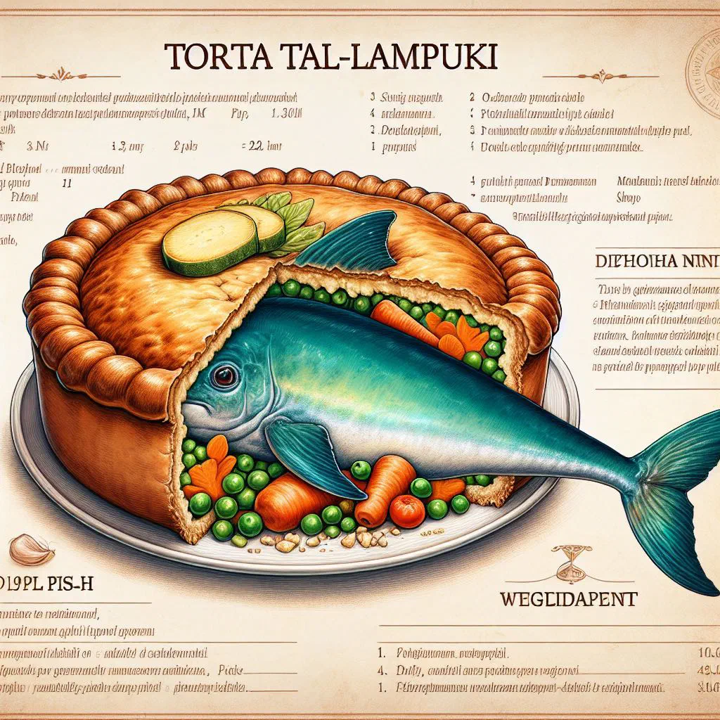 Golden Maltese lampuki fish pie sliced open on a wooden board
