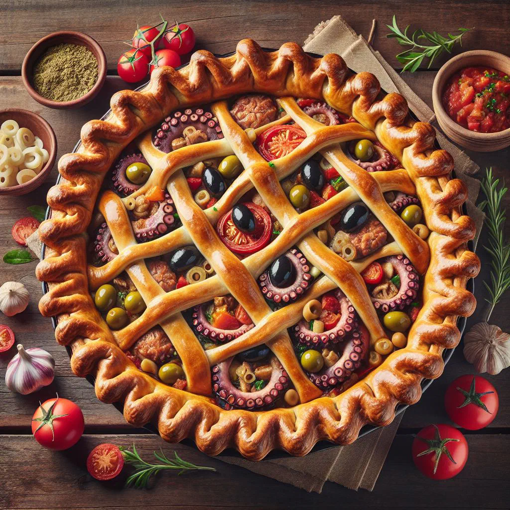 Golden Maltese torta tal-qarnita pie cut into slices with fresh herbs