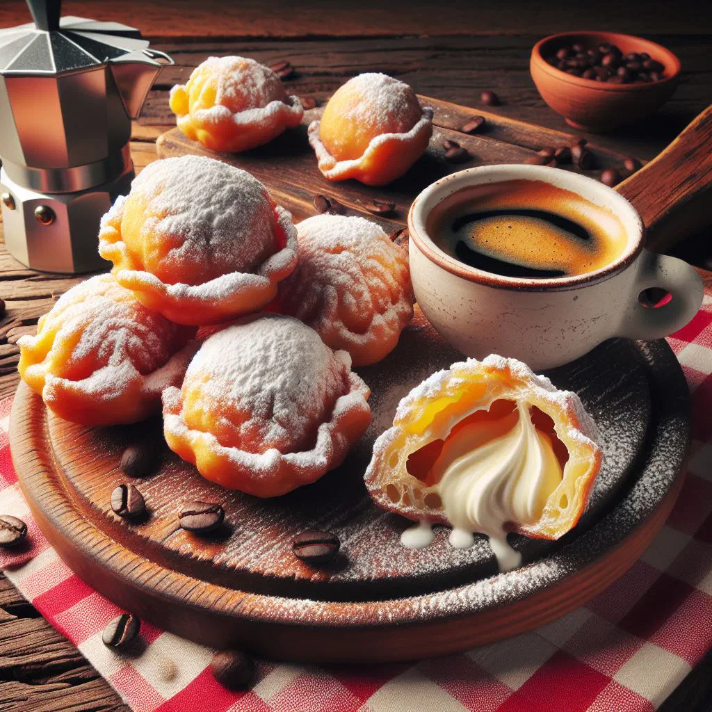 Golden Maltese żeppoli dusted with icing sugar and filled with ricotta