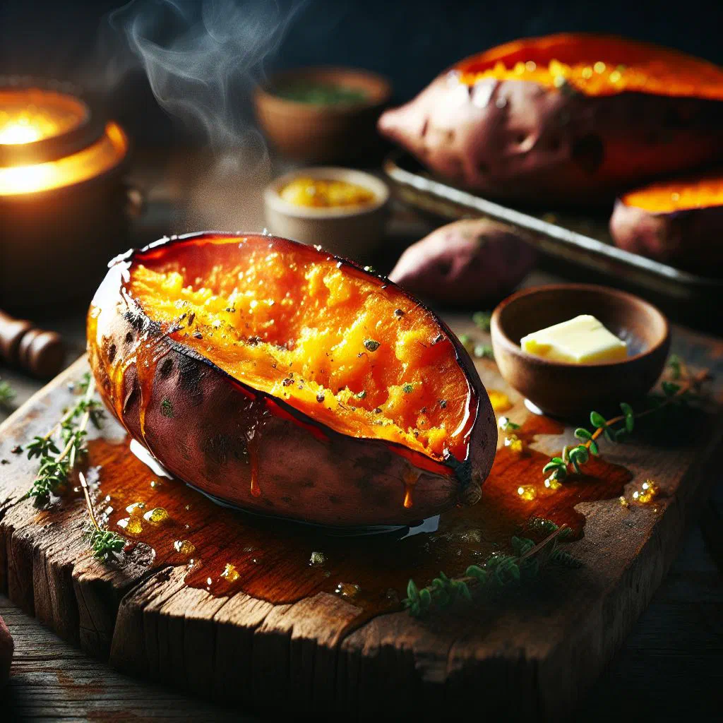 Golden baked sweet potato pieces garnished with fresh herbs