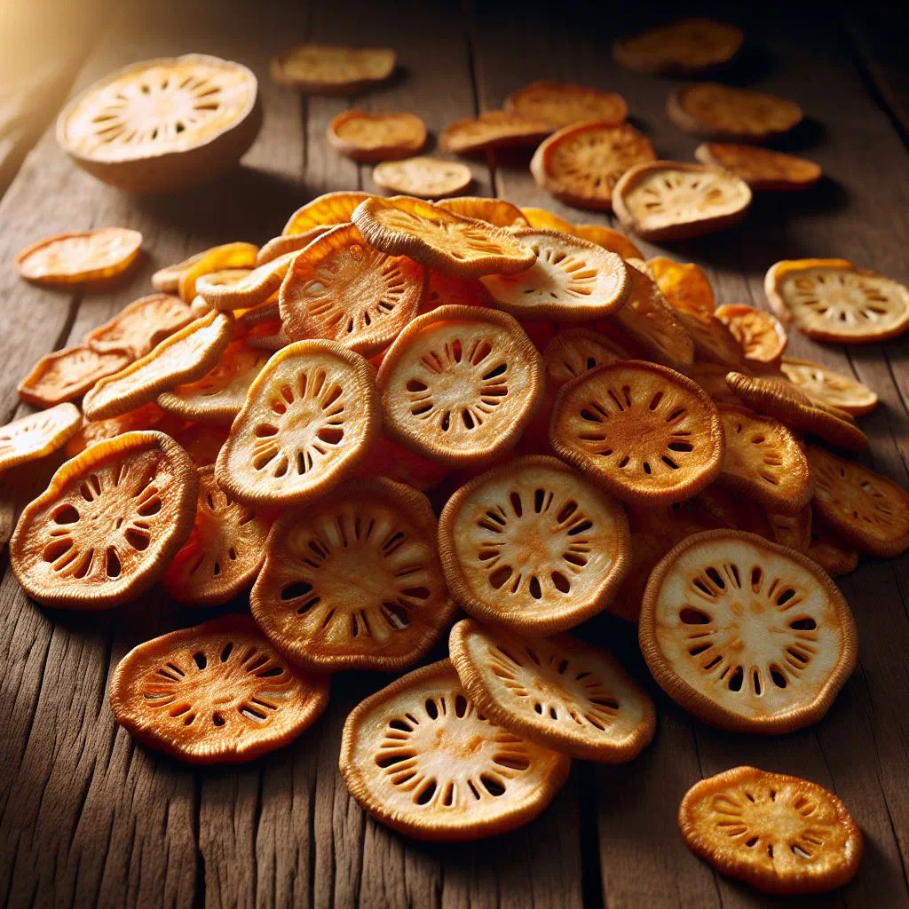 A bowl of crisp golden breadfruit chips sprinkled with salt and paprika