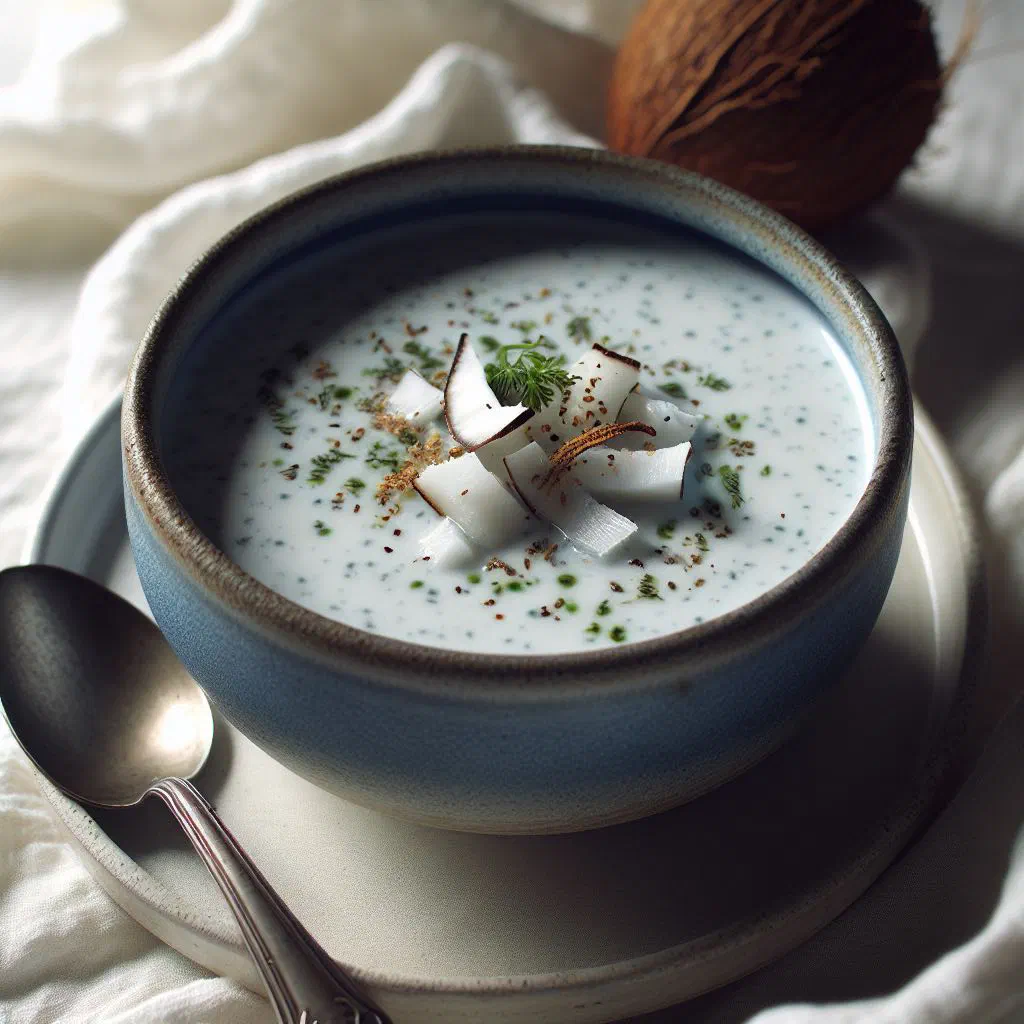 Bowl of chilled coconut soup garnished with spring onions and chilli
