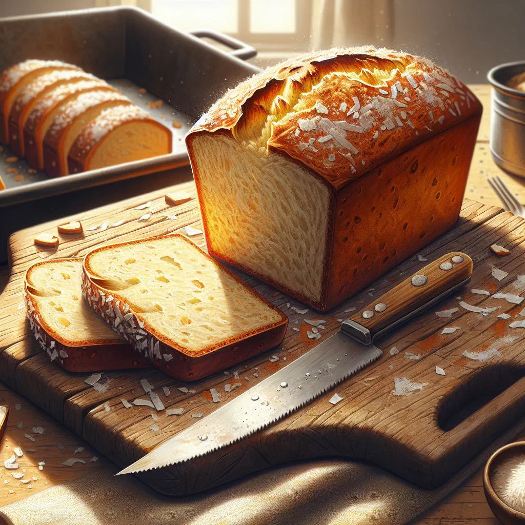 Golden loaf of Marshall Islands coconut bread, sliced to show its soft crumb