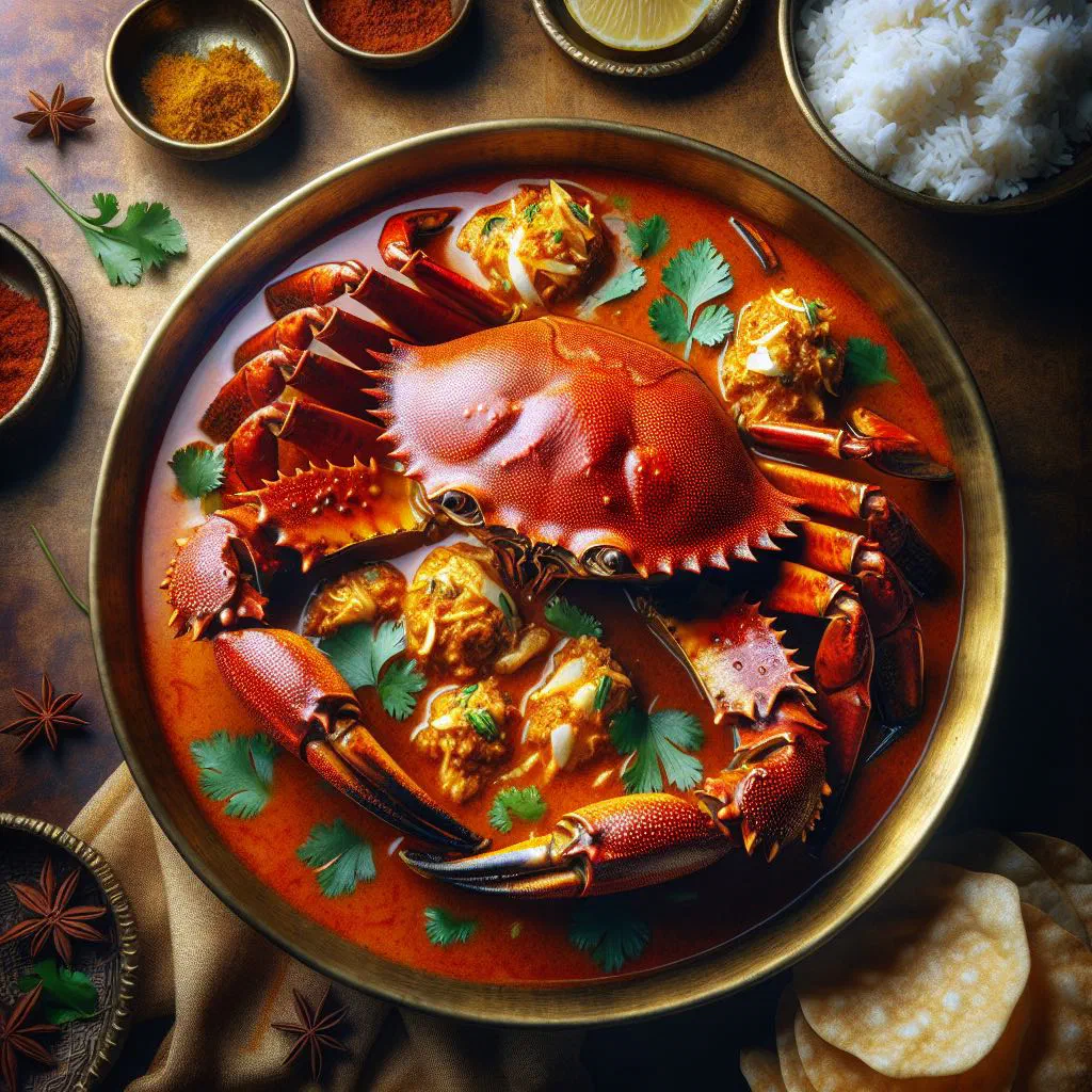Coconut crab curry in a rich coconut sauce garnished with fresh coriander