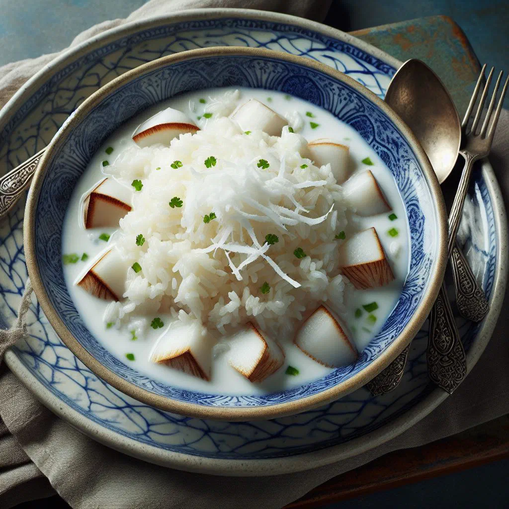 Bowl of creamy coconut milk rice topped with fresh tropical fruit