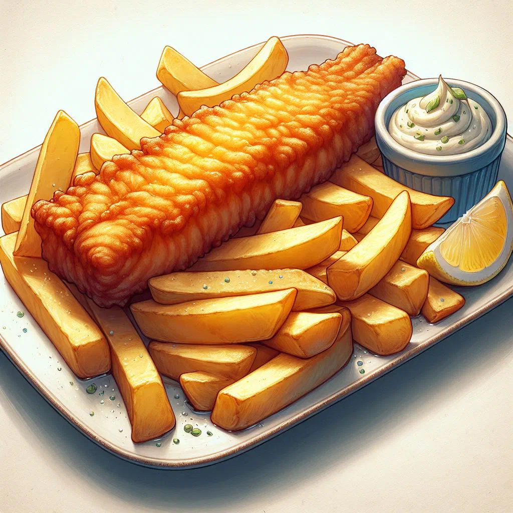 Golden battered fish with crispy chips and a wedge of lemon
