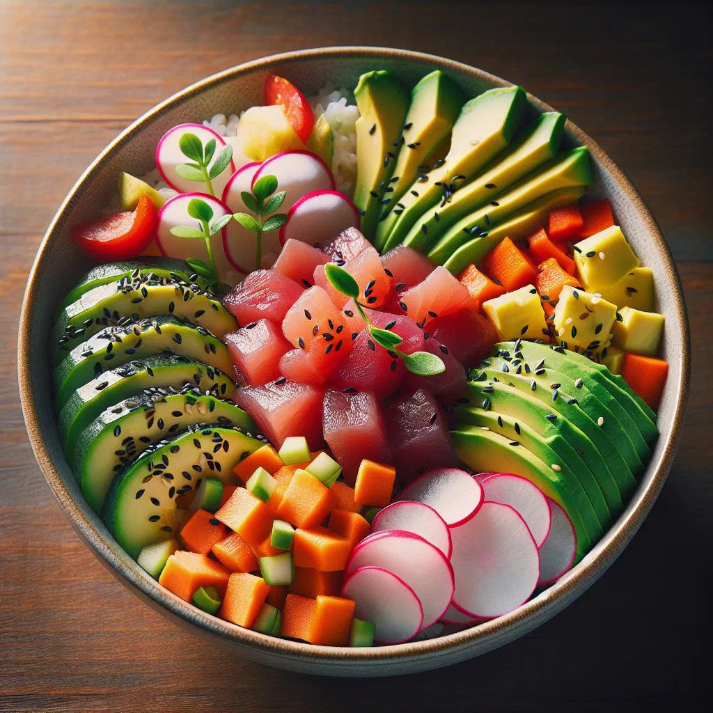 Fresh fish poke bowl with sushi rice, avocado, cucumber and sesame seeds