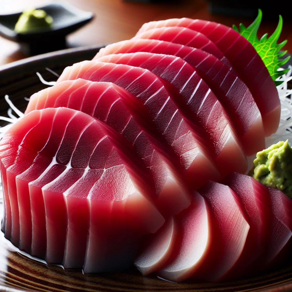 Thinly sliced fresh tuna sashimi arranged on a plate with soy sauce, wasabi and ginger