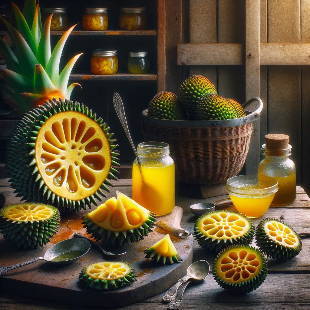 Jars of golden pandanus fruit jam with fresh pandanus fruit alongside