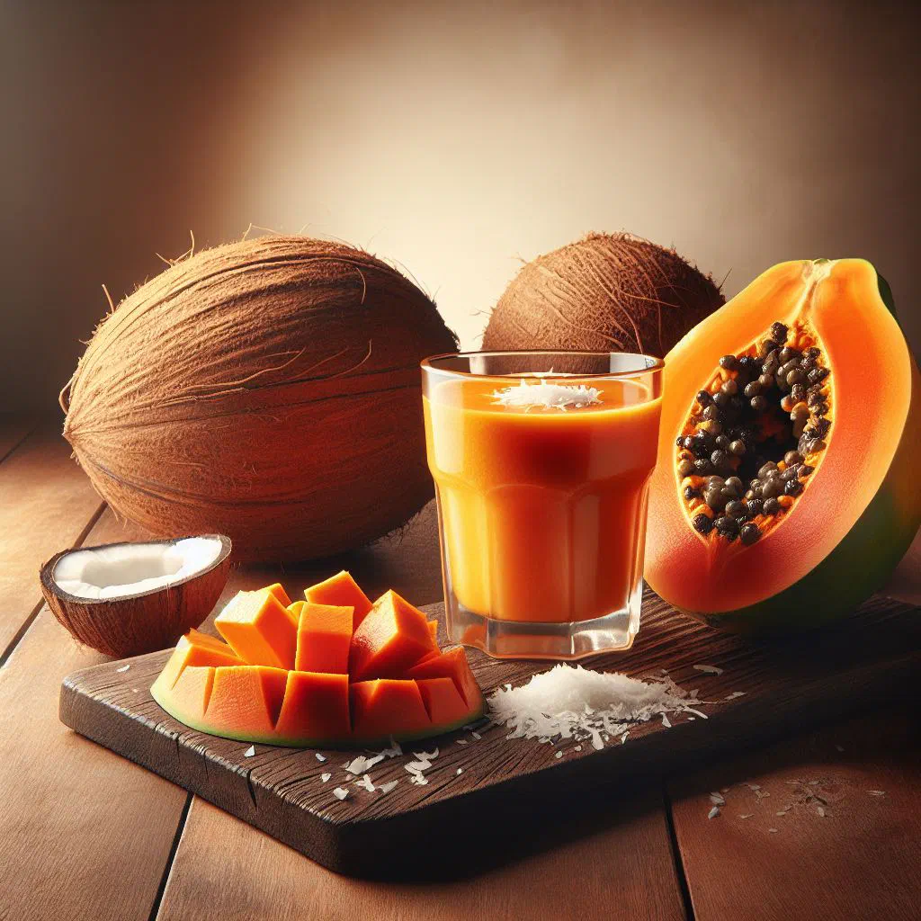 Creamy papaya coconut smoothie in a glass garnished with fresh mint