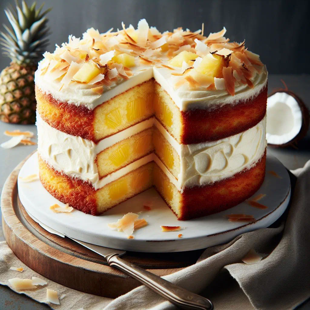 Slice of moist pineapple coconut cake topped with shredded coconut