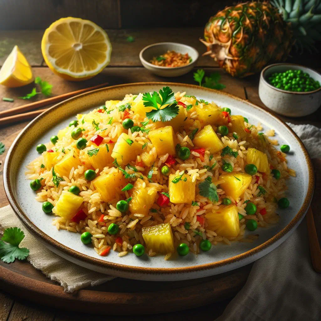 Pineapple fried rice with diced pineapple, peas and carrots, garnished with coriander