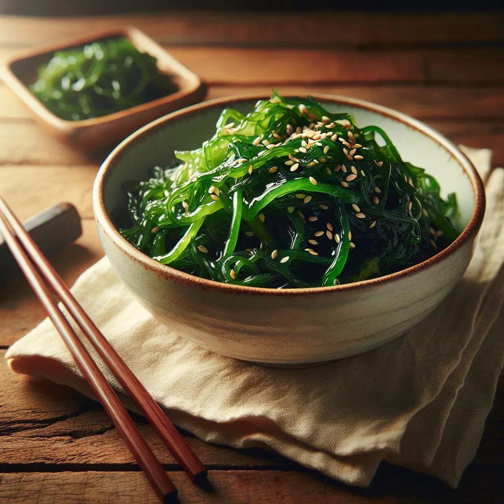 Fresh seaweed salad tossed with grated carrot, spring onion and toasted sesame