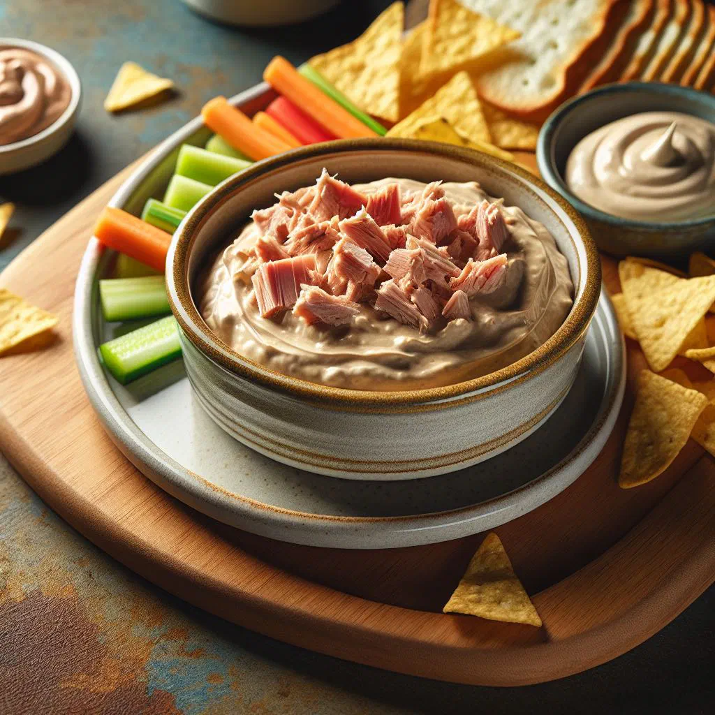 Creamy smoked tuna dip in a bowl garnished with chopped chives and lemon